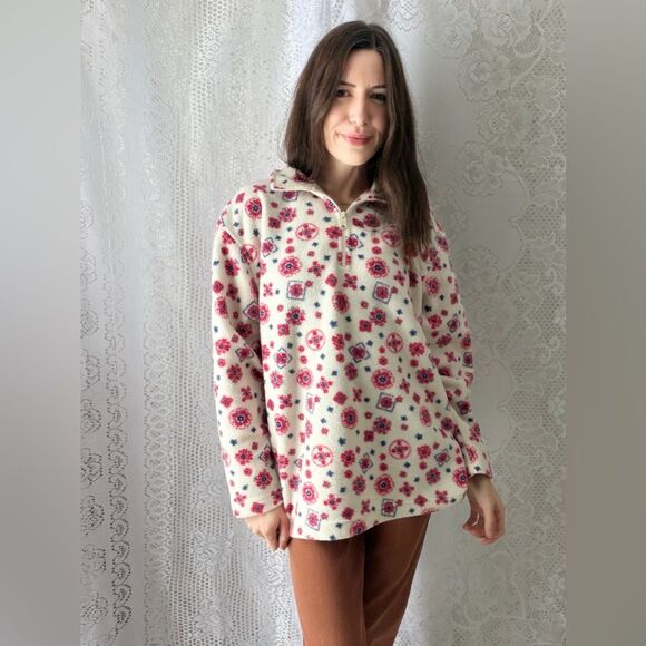 Vintage Sweaters - Vintage 1990s Cabin Creek Floral Quarter Zip Fleece Pullover Cottage Cozy